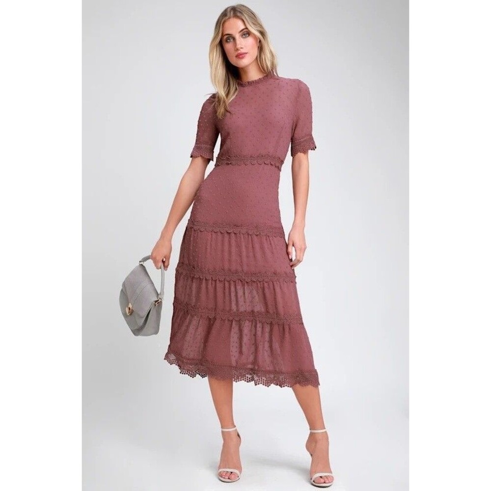 Lulu's Dreaming of You Mauve Purple Swiss Dot Midi Dress L NEW